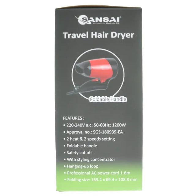 Packaging of Sansai travel hair dryer with features listed on a white background