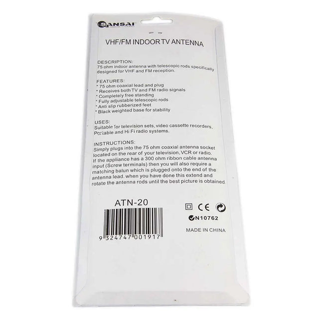 Packaging of a TV antenna with text and branding on a white background