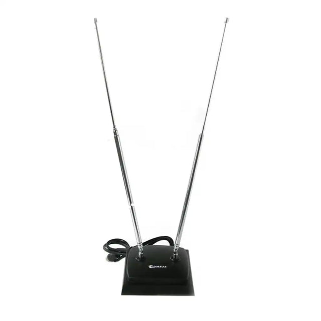 Black TV antenna with two metallic rods on a white background