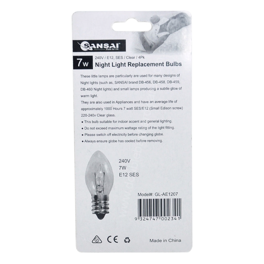 SANSAI Night Light Replacement Light Bulb E12 240V 7W GL-AE1207