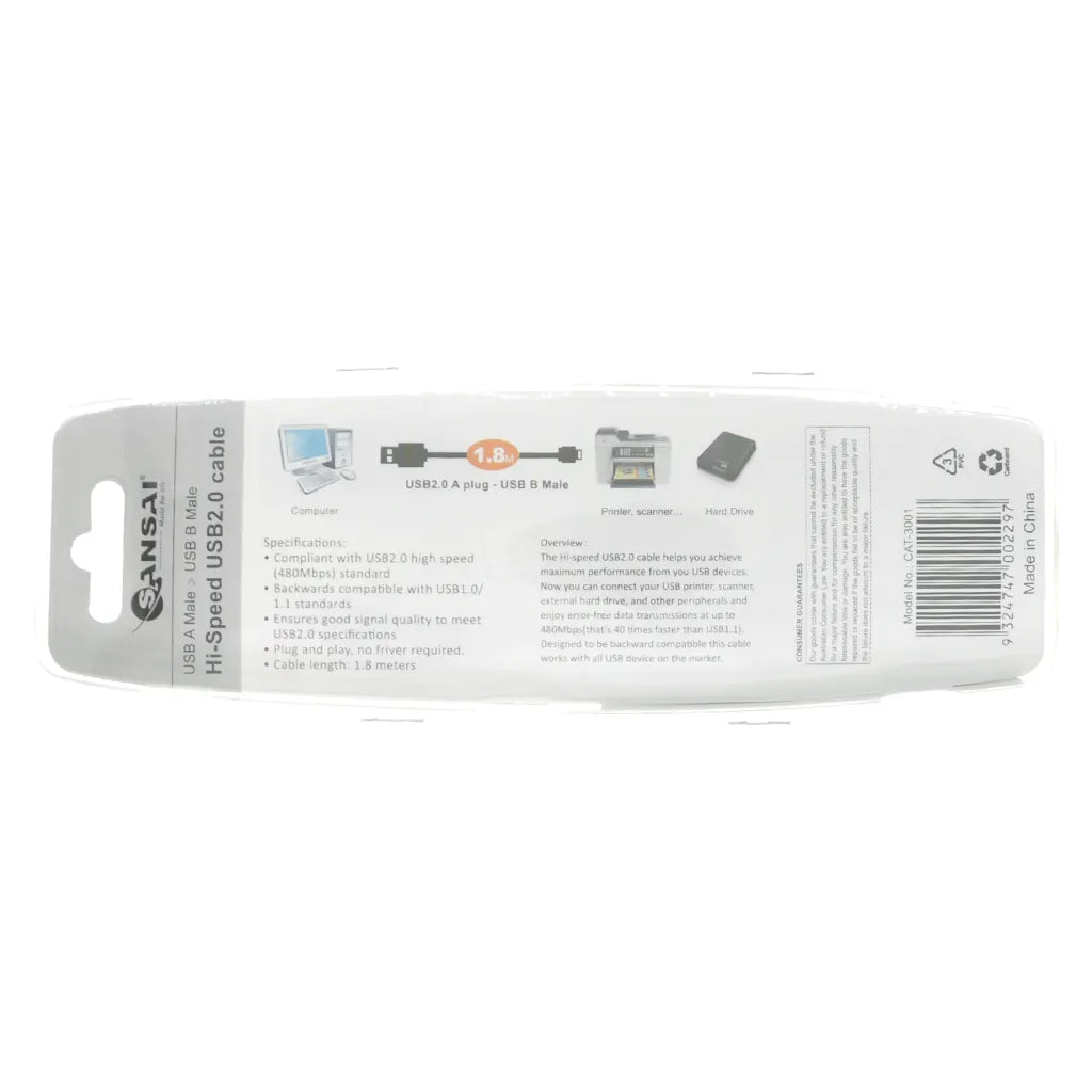 SANSAI Printer Cable USB-A Male To USB-B Male 1.8M CAT-3001