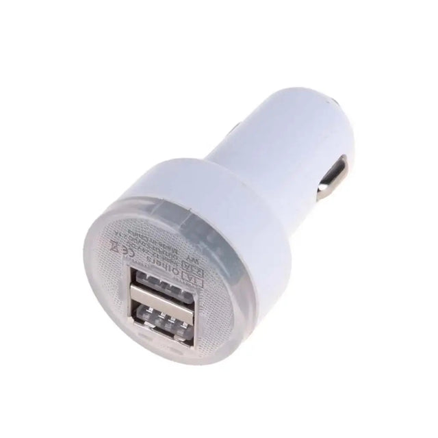 Car charger with two USB ports on a white background