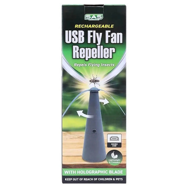Box of a rechargeable USB fly fan repeller with SAS branding.