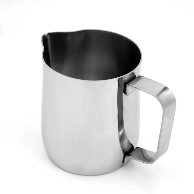 Stainless steel pitcher on a white background