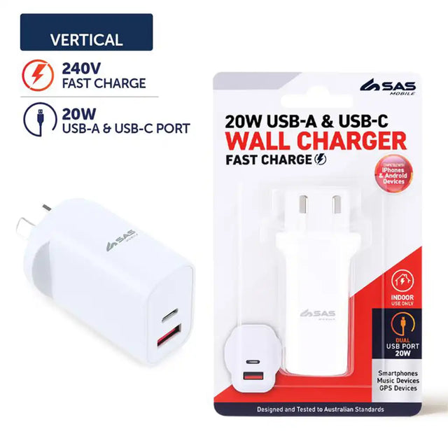 20W USB-A & USB-C wall charger with packaging on a white background