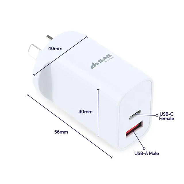 White USB adapter with dimensions and connectors labeled on a white background