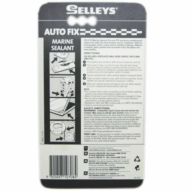 Selleys Auto Fix marine sealant packaging with text and graphics on a white background