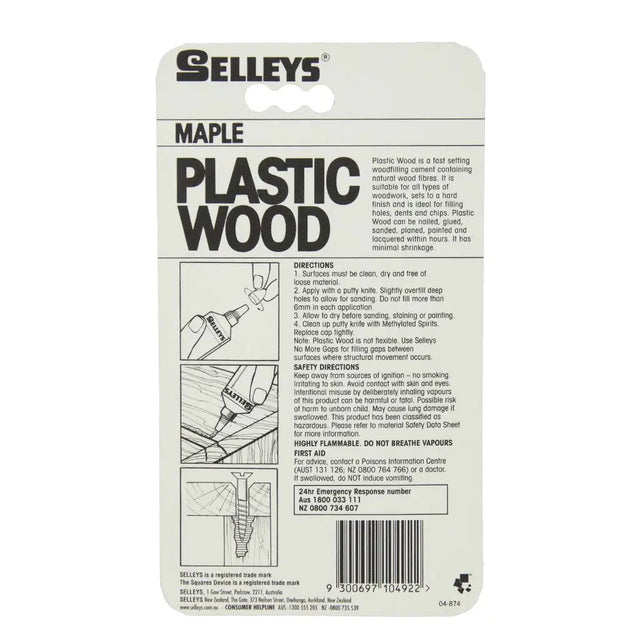 Selleys Maple Plastic Wood packaging with directions and safety information on a white background