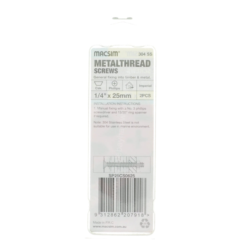 MACSIM 1/4"x25mm METALTHREAD Bolt Countersunk Head Stainless Steel SP25CS0625