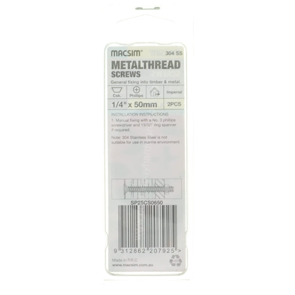 MACSIM 1/4"x50mm METALTHREAD Bolt Countersunk Head Stainless Steel SP25CS0650