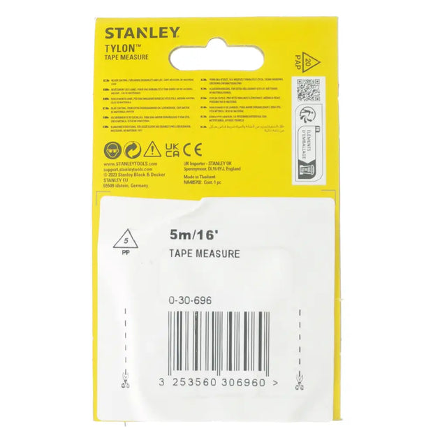 Stanley tape measure packaging with yellow and white design