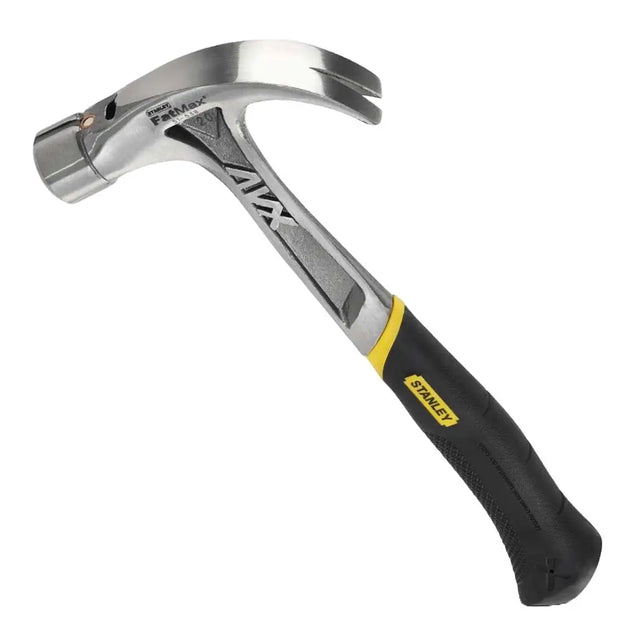 Stanley hammer with black handle and silver head on a white background