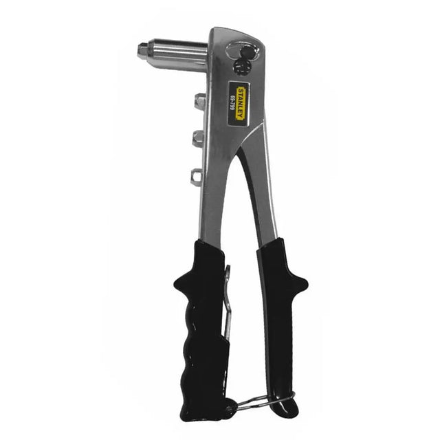 Metal plier tool with black handles on a white background