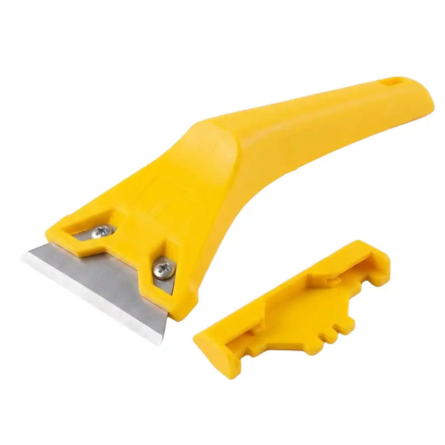 Yellow plastic tool with a metal blade on a white background