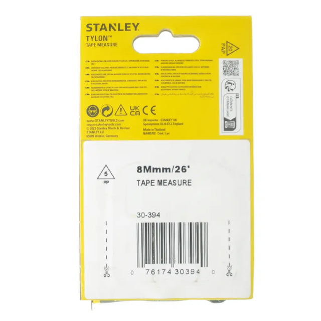 Stanley tape measure packaging with yellow and white design
