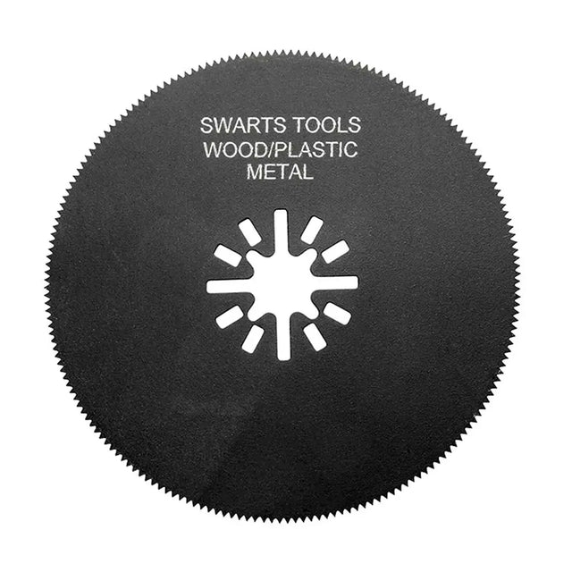 A circular black circular saw blade with white text reading 'SWARTS TOOLS WOOD/PLASTIC METAL' and a white starburst-style center cutout, shown on a plain white background.