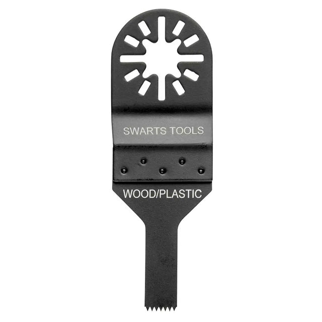 A black Swarts Tools oscillating multi-tool blade with a starburst-shaped cutting head and a flat beveled edge, labeled 'SWARTS TOOLS' and 'WOOD/PLASTIC', shown on a plain white background.