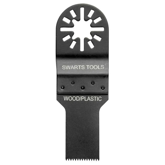 A black Swarts Tools oscillating multi-tool blade for wood and plastic, featuring a starburst-shaped head with cutouts and a straight beveled edge, shown on a plain white background.