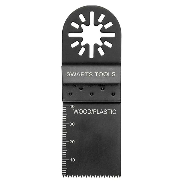 A black Swarts Tools oscillating multi-tool blade designed for wood and plastic, featuring a star-shaped head with cutouts and a measurement scale on the side.