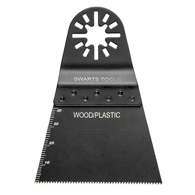 A black Swarts Tools oscillating multi-tool blade with a star-shaped cutting head, featuring a measurement scale on the left side and 'WOOD/PLASTIC' printed on the blade, shown against a plain white background.