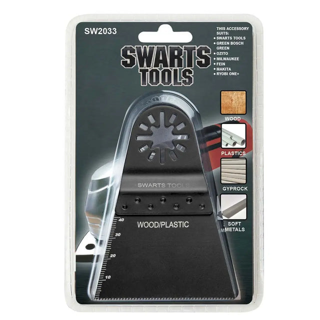SWarts Tools SW2033 wood and plastic square ruler in its original blister packaging, featuring a black plastic ruler with a clear acrylic cover on a dark gray and black backing card.