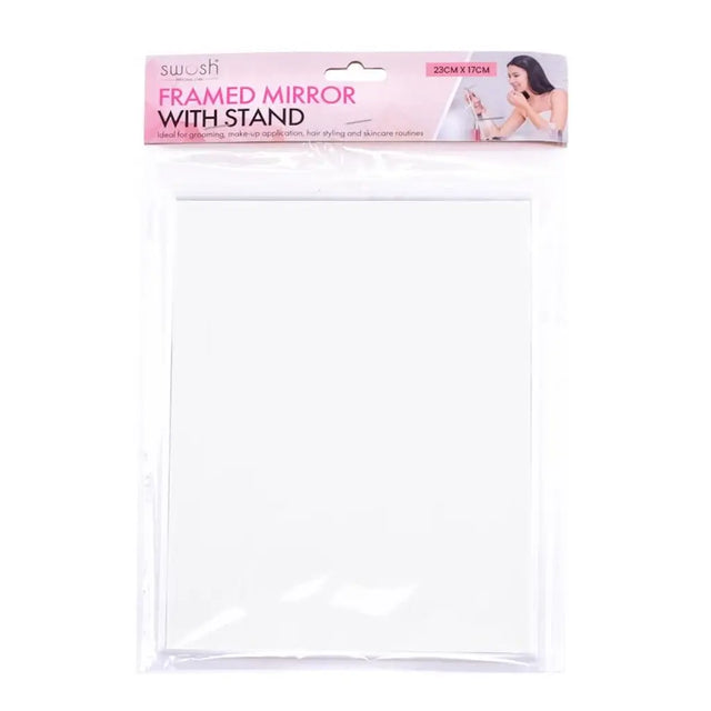 Framed mirror with stand packaging on a white background