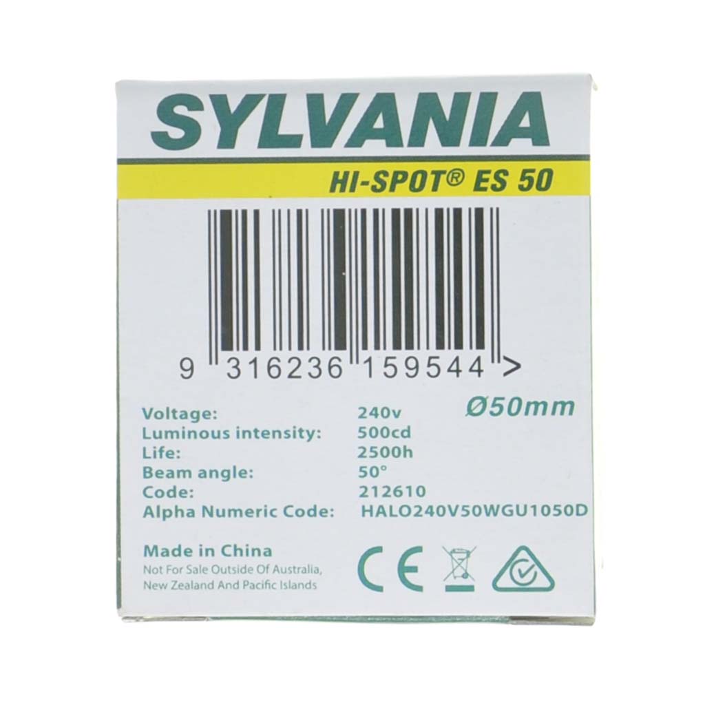 SYLVANIA Hi-Spot ES 50 Halogen Light Bulb GU10 240V 50W 50° 212610