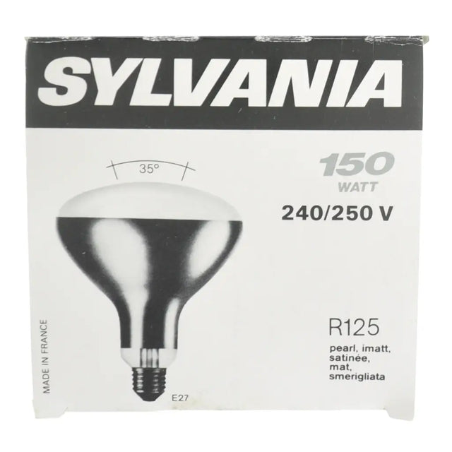 Sylvania light bulb packaging with bulb illustration and specifications on a white background