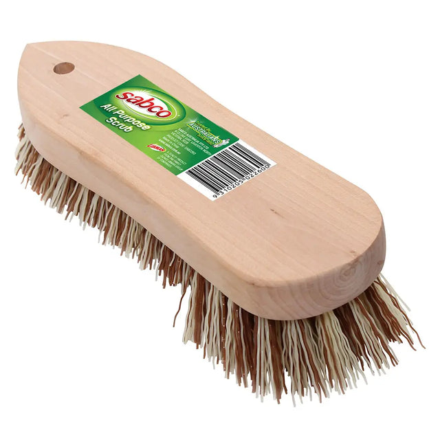 Wooden brush with bristles and Sabco label on a white background