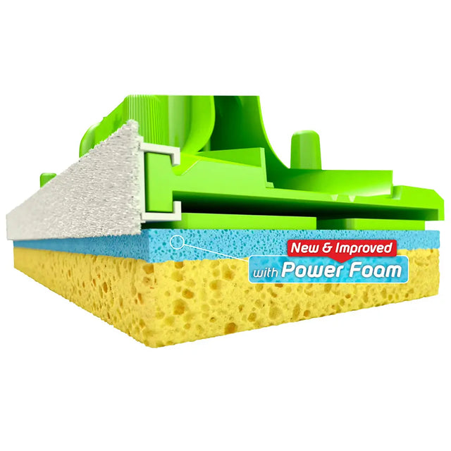 Cleaning tool with green frame, white scrubber, and yellow sponge labeled 'New & Improved with Power Foam'.