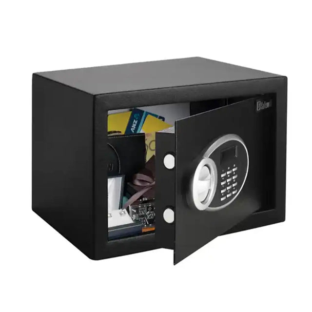 Black safe box with open door showing electronic keypad and contents on a white background