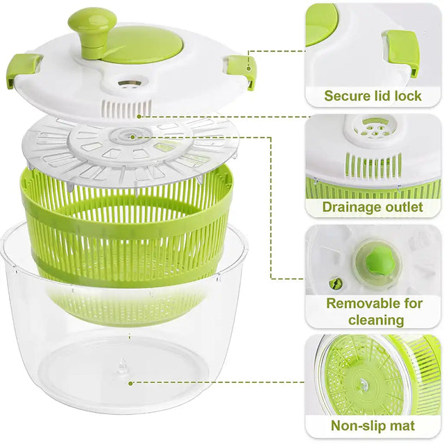 Green and white salad spinner with features highlighted on a white background