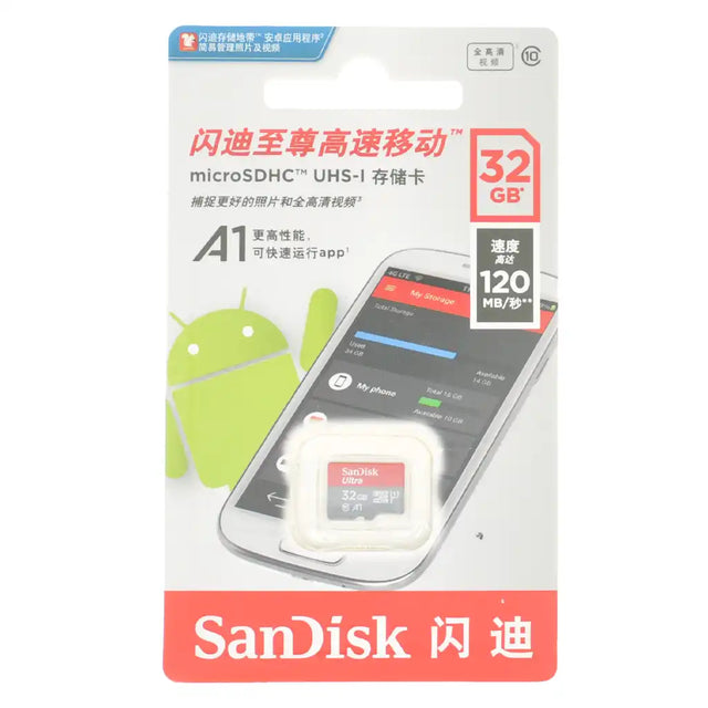 SanDisk microSDHC memory card packaging with smartphone and Android logo on a white background