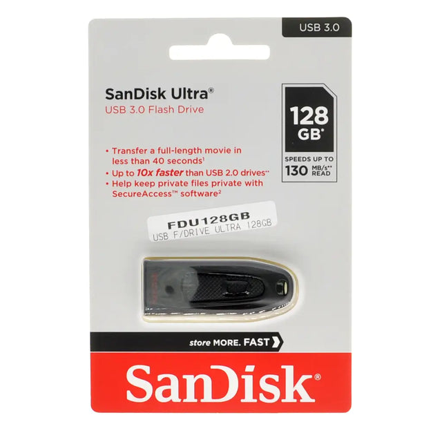 SanDisk Ultra USB 3.0 flash drive packaging with 128GB capacity on a white background.