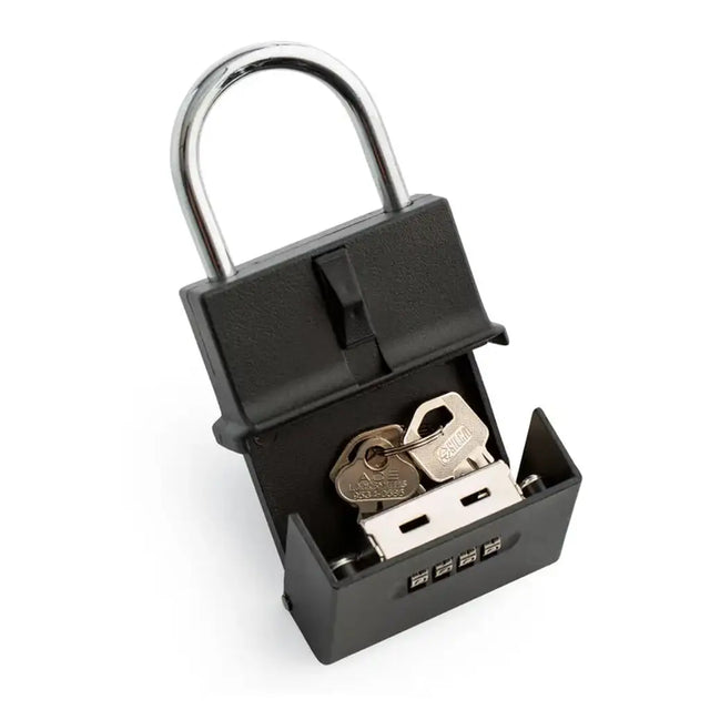 Black key lock box with keys on a white background