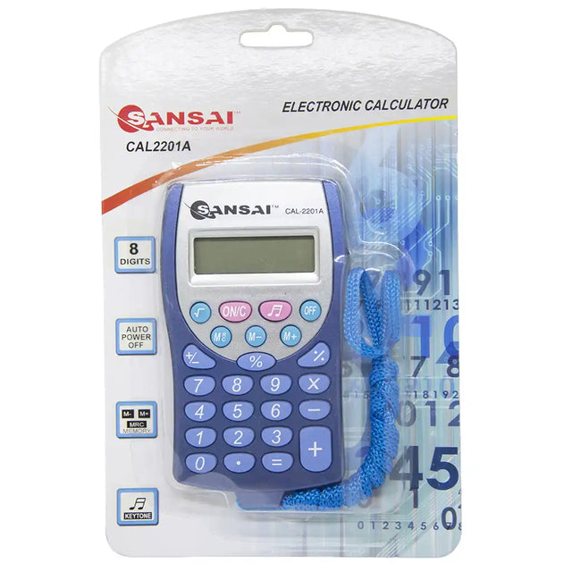 A blue and purple Sansai electronic calculator in its original retail blister packaging, featuring a digital LCD screen and pink and blue buttons.