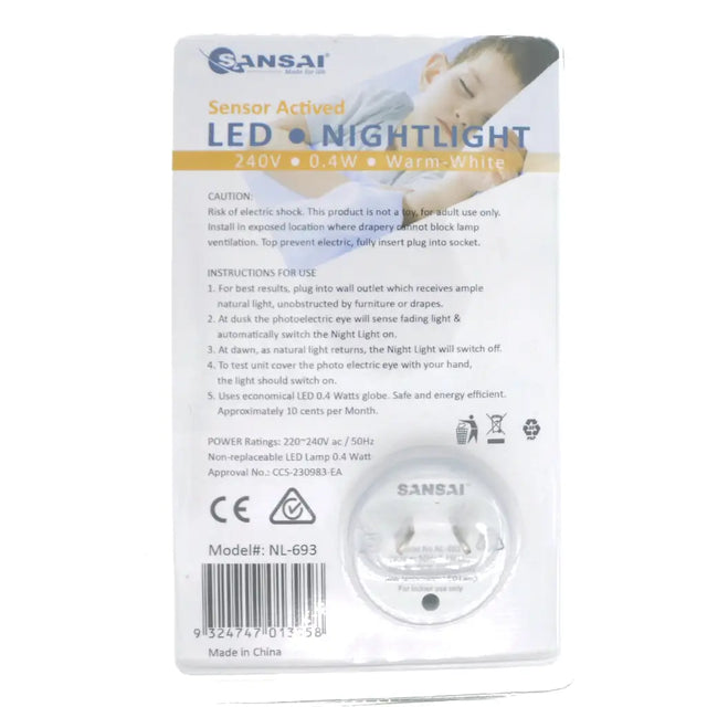 Package of Sansai LED nightlight with a child sleeping on the label.