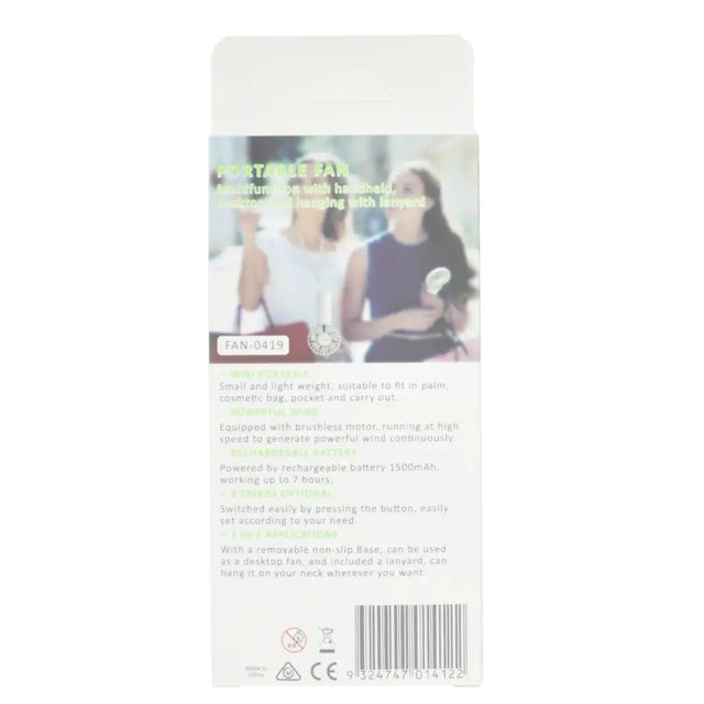 Back view of a portable fan packaging with text and images on a white background