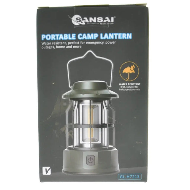 Sansai portable camp lantern packaging on a white background