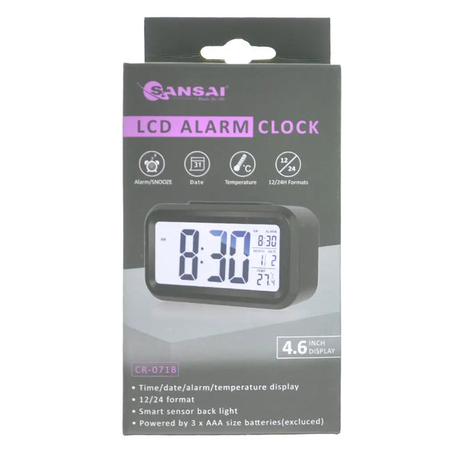 Gansai LCD alarm clock packaging on a white background