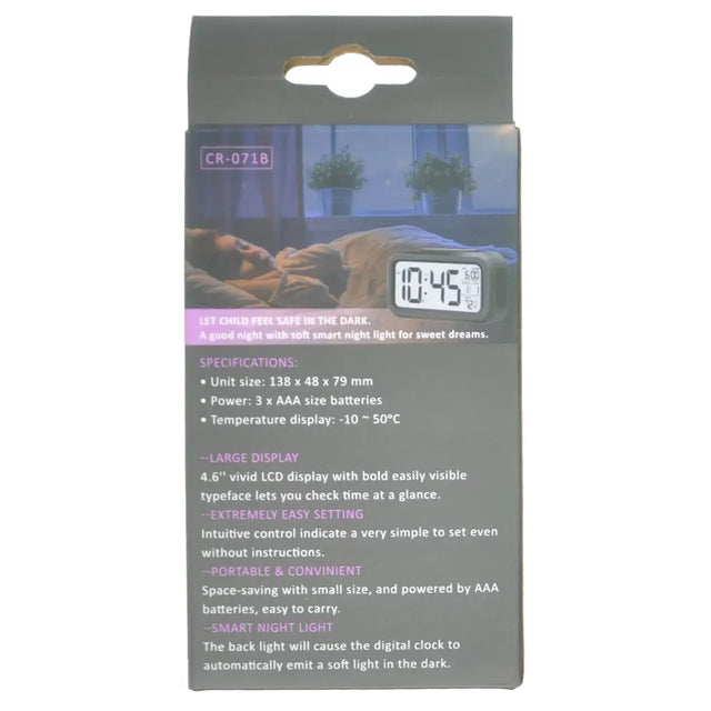 Package of a digital clock with specifications on a white background