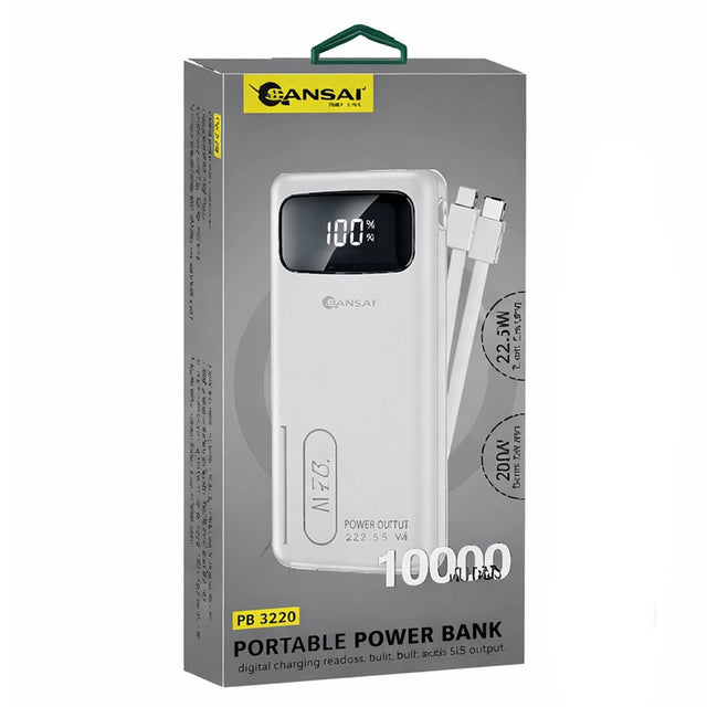 Sansai portable power bank packaging with digital display and cable on a white background