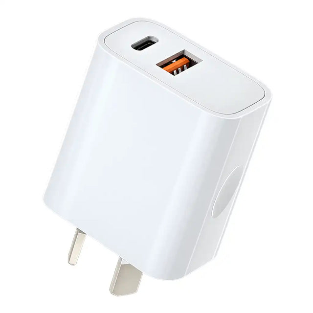 Sansai dual-port USB wall charger in white showing USB-C and orange USB-A ports