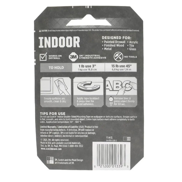 Back of a packaging label for 3M indoor adhesive with text and graphics.
