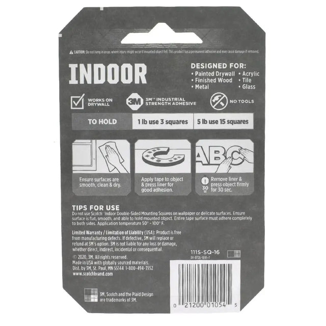 Back of a packaging label for indoor use with adhesive information and 3M branding.