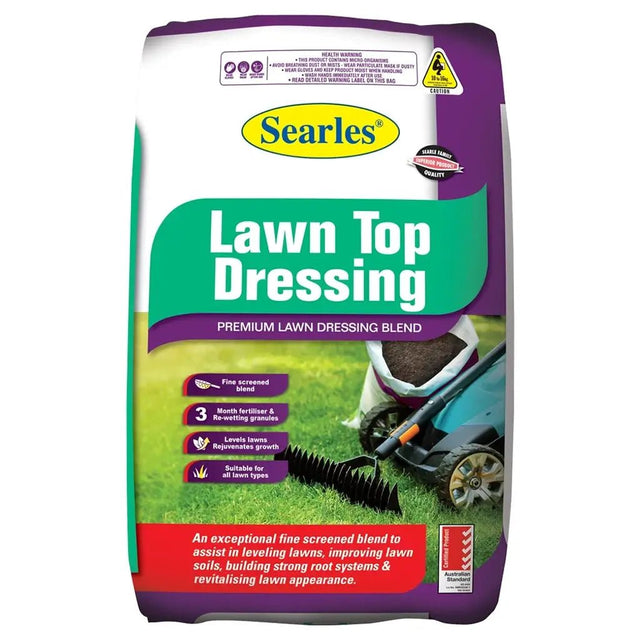 Bag of Searles Lawn Top Dressing with a lawn mower on a white background