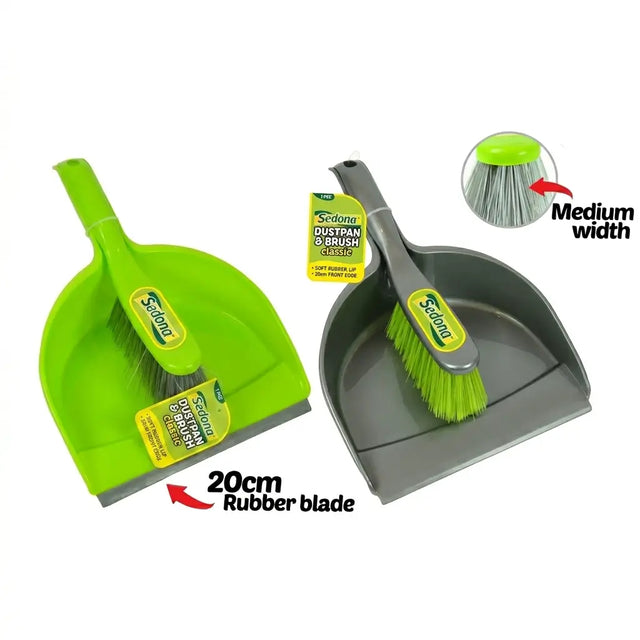 Green dustpan and brush set with a close-up of the brush head on a white background