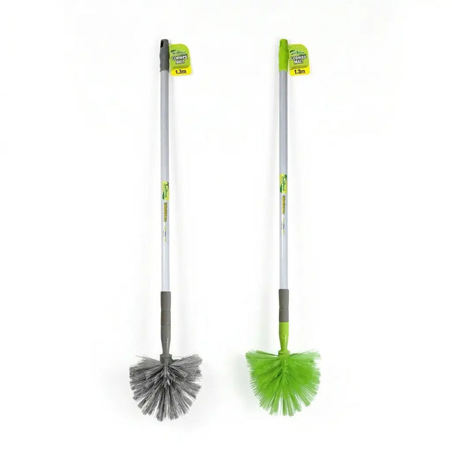 Two cleaning brushes with extendable handles on a white background