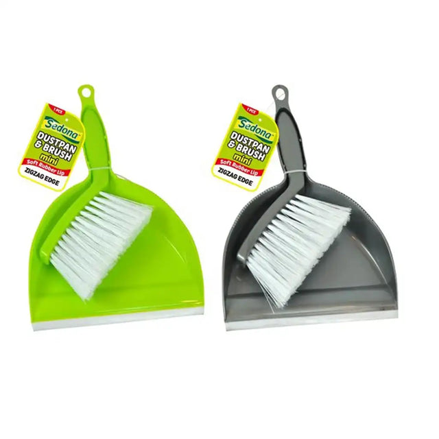 Sedona mini dustpan and brush set in green and grey – soft rubber lip and zigzag edge brush