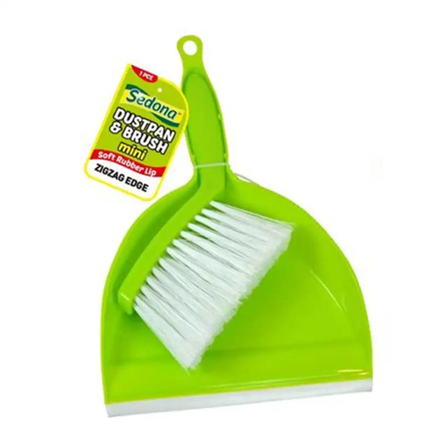 Green Sedona mini dustpan and brush set with white zigzag bristles and rubber lip